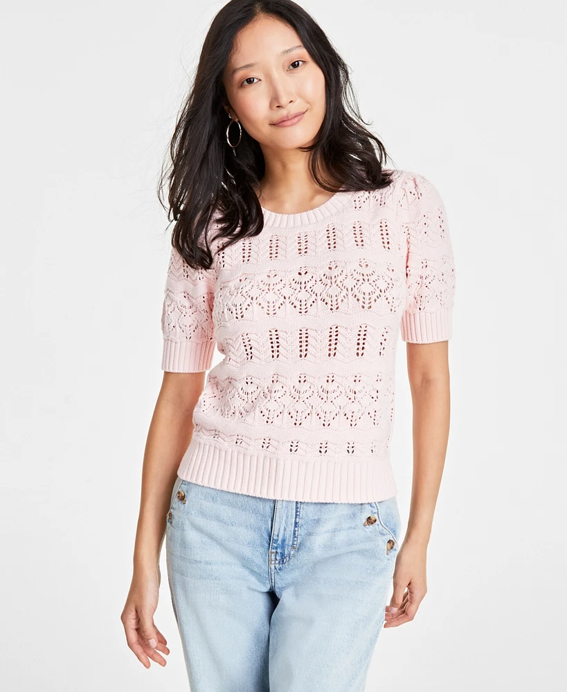 On 34th Women's Pointelle-Knit Short-Sleeve Sweater, Created for Macy's