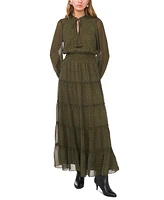 1.state Women's Long-Sleeve Smocked-Waist Tiered Maxi Dress