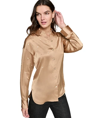 Karl Lagerfeld Paris Women's Imitation-Pearl Satin Button-Front Top, Regular & Petite