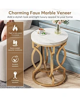 Tribesigns Round End Table, Multifunctional Accent Table Small Side Table for Living Room, Modern White Gold Nightstand with Faux Marble Tabletop, Bed