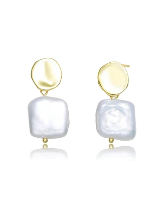 Genevive Very Stylish Sterling Silver with Gold Plating and Genuine Freshwater Pearl Dangling Earrings