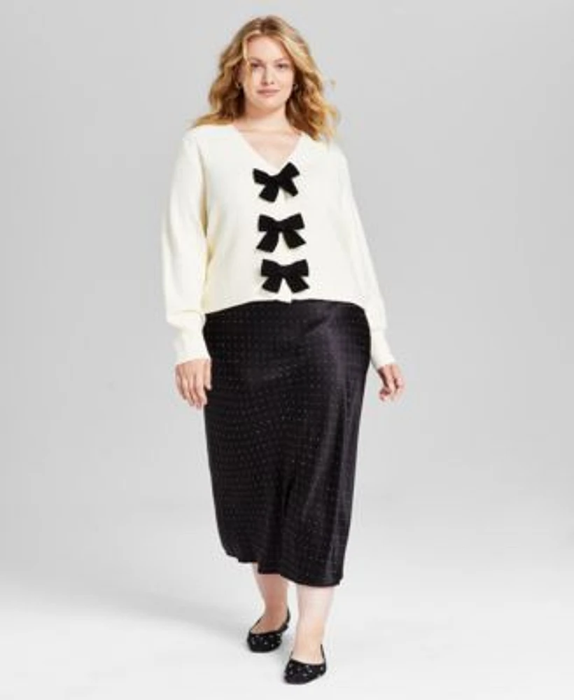 Now This Trendy Plus Size Bow Embellished Cardigan Studded Satin Skirt