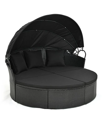 Sugift Clamshell Patio Round Daybed Wicker with Retractable Canopy and Pillows