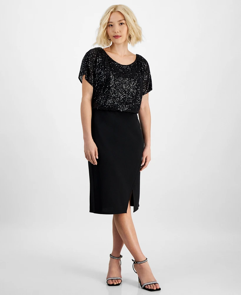 Connected Petite Sequin Boat-Neck Dolman-Sleeve Dress