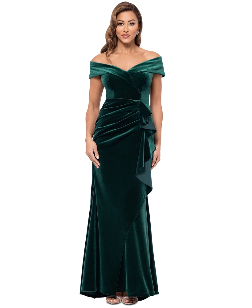 Xscape Petite Ruffled Off-The-Shoulder Velvet Gown