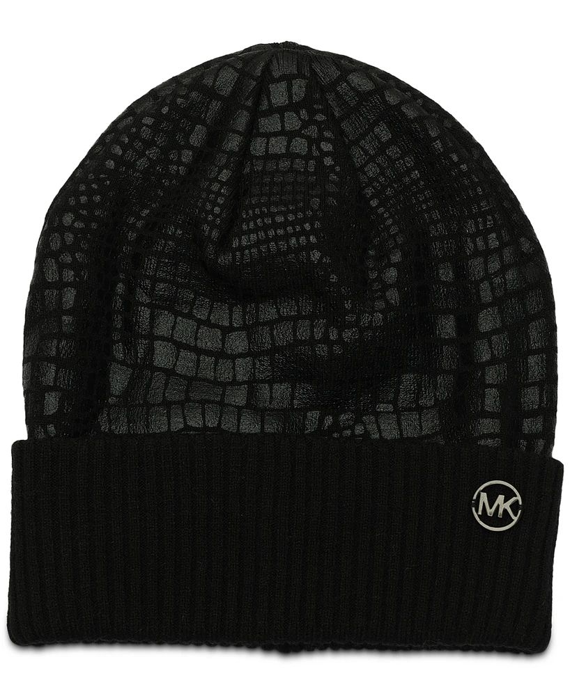 Michael Michael Kors Logo Charm Ribbed Trim Croc-Embossed Beanie