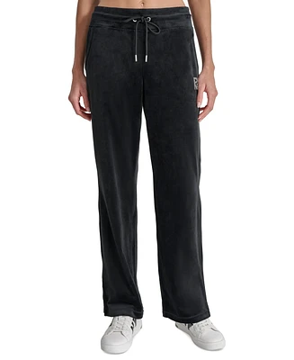 Dkny Women's Velour Rhinestone-Logo Side-Slit Track Pants