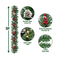 Cowin 9ft Christmas Garland Battery Operated Waterproof 50 Light 220 Branches Pine Cones and Berries