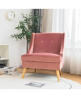 Sugift Velvet Wing Back Accent Chair with Rubber Wood Legs and Padded Seat for Living Room-Pink