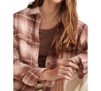 Lucky Brand Women's Cotton Raw Edge Plaid Cropped Button Down Top