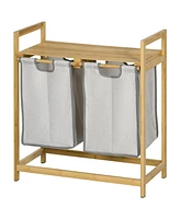 Homcom Double Laundry Hamper with 2 Removable Bags, Gray and Natural Wood