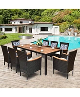 Sugift 9 Pieces Rattan Dining Set with Acacia Wood Table and Stackable Cushioned Chairs