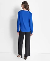 Dkny Petite Tipped-Placket V-Neck Long-Sleeve Blouse