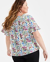 Style & Co Plus Size Flutter-Sleeve Print Top, Created for Macy's