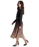 Dkny Petite Belted Ombre Long-Sleeve Pleated-Skirt Dress