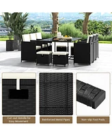 Givimo 11 Piece Patio Dining Set Wicker Chairs and Tempered Glass Table with Waterproof Cushions-Black & White