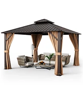 Givimo 12 x 12 Feet Double-Roof Patio Hardtop Gazebo with Galvanized Steel Roof Netting and Curtains-Coffee