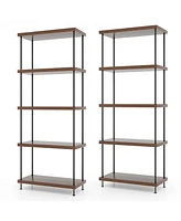 Gymax 2PCS 5-Tier Multipurpose Display Rack Freestanding Bookshelf w/ Metal Frame Walnut