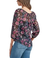 Bcx Juniors' Printed Round-Neck 3/4-Sleeve Blouse