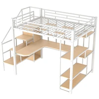 Metal Loft Bed with Staircase, Wardrobe, Desk, & Shelves