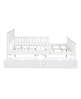 Full Size Wood Platform Bed with Guardrails on Both Sides and Two Storage Drawers, Gray