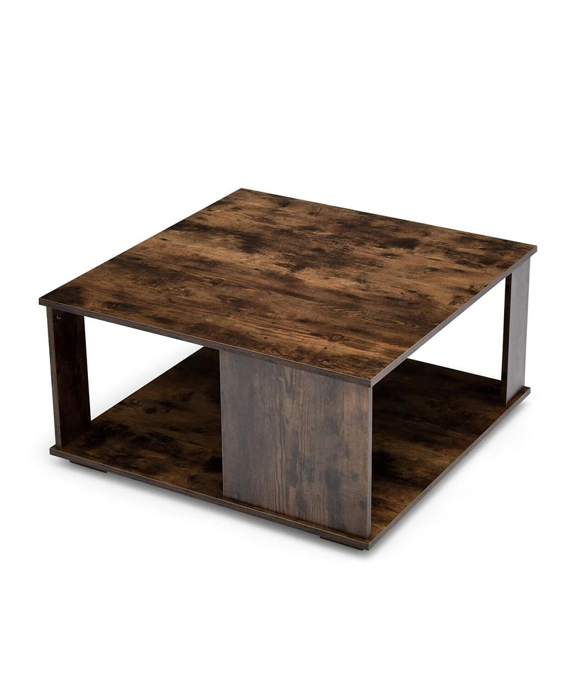 Sugift 2 Tiers Square Coffee Table with Storage and Non-Slip Foot Pads-Rustic Brown