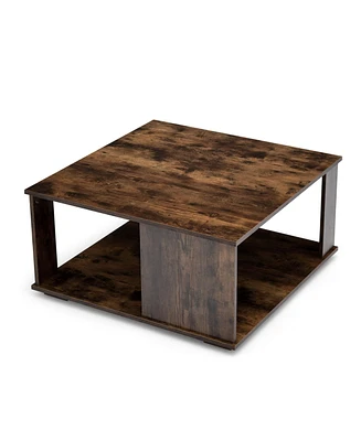 Sugift 2 Tiers Square Coffee Table with Storage and Non-Slip Foot Pads-Rustic Brown