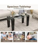 Sugift 39.5 Inch Glass Coffee Table Modern Rectangular Center Table with Solid Rubber Wood Legs-Black