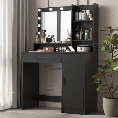 Simplie Fun Vanity Desk with Mirror & Light, Storage Dresser (Black)