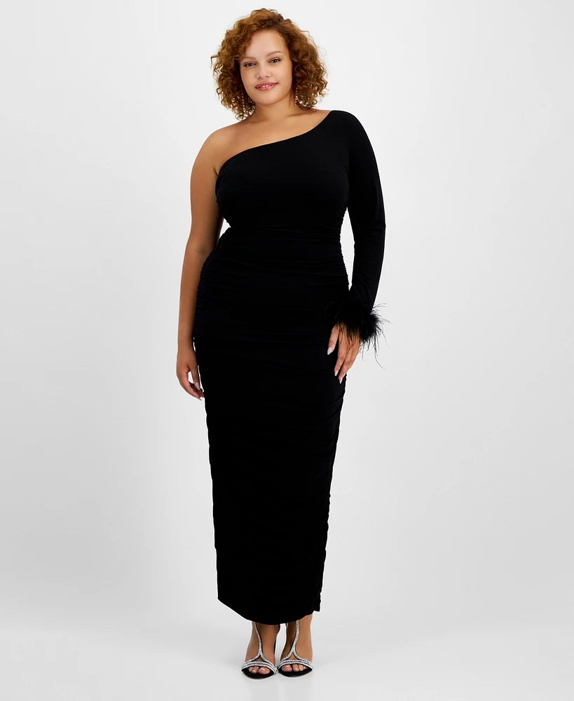 City Studios Trendy Plus One-Shoulder Feather-Cuff Gown