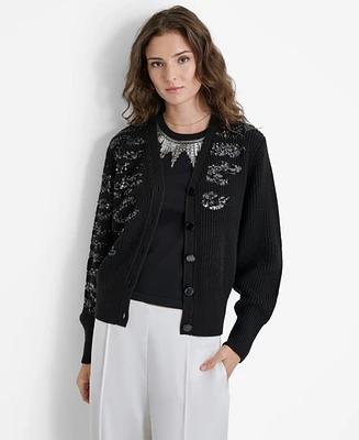 Dkny Women's Animal-Sequin Rib-Knit Button-Up Cardigan