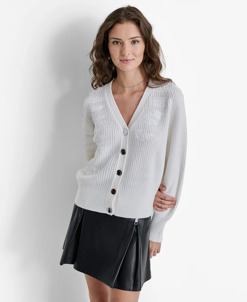 Dkny Women's Animal-Sequin Rib-Knit Button-Up Cardigan