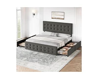 gaomon Queen Bed Frame with 4 Storage Drawers and Headboard, Velvet Upholstered Platform Wooden Slats Support, Button Tufted Desig