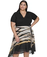 Dkny Plus Size Mixed-Media Belted High-Low Dress