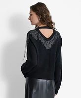 Dkny Women's Embellished-Fringe Rib-Knit Sweater