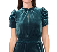 Msk Petite Ruffle-Neck Smocked-Waist Fit & Flare Velvet Dress