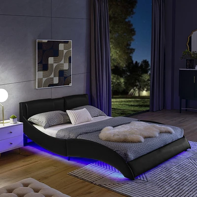 Simplie Fun Modern Faux Leather Upholstered Bed Frame with Rgb Led Lighting