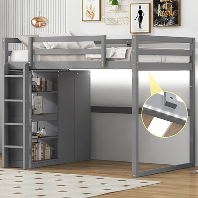 Simplie Fun Gray Wooden Full Loft Bed with Wardrobe and Led Light