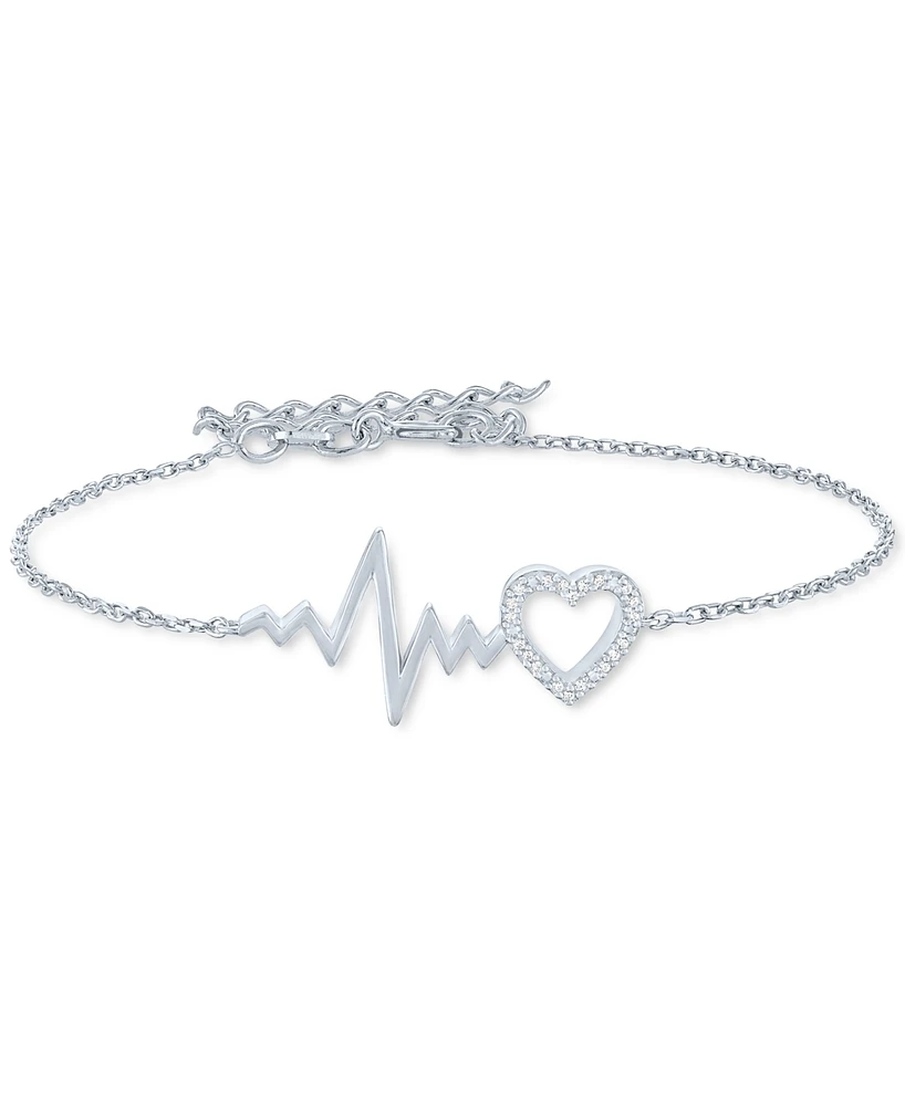 Diamond Accent Heart & Heartbeat Link Bracelet in Sterling Silver