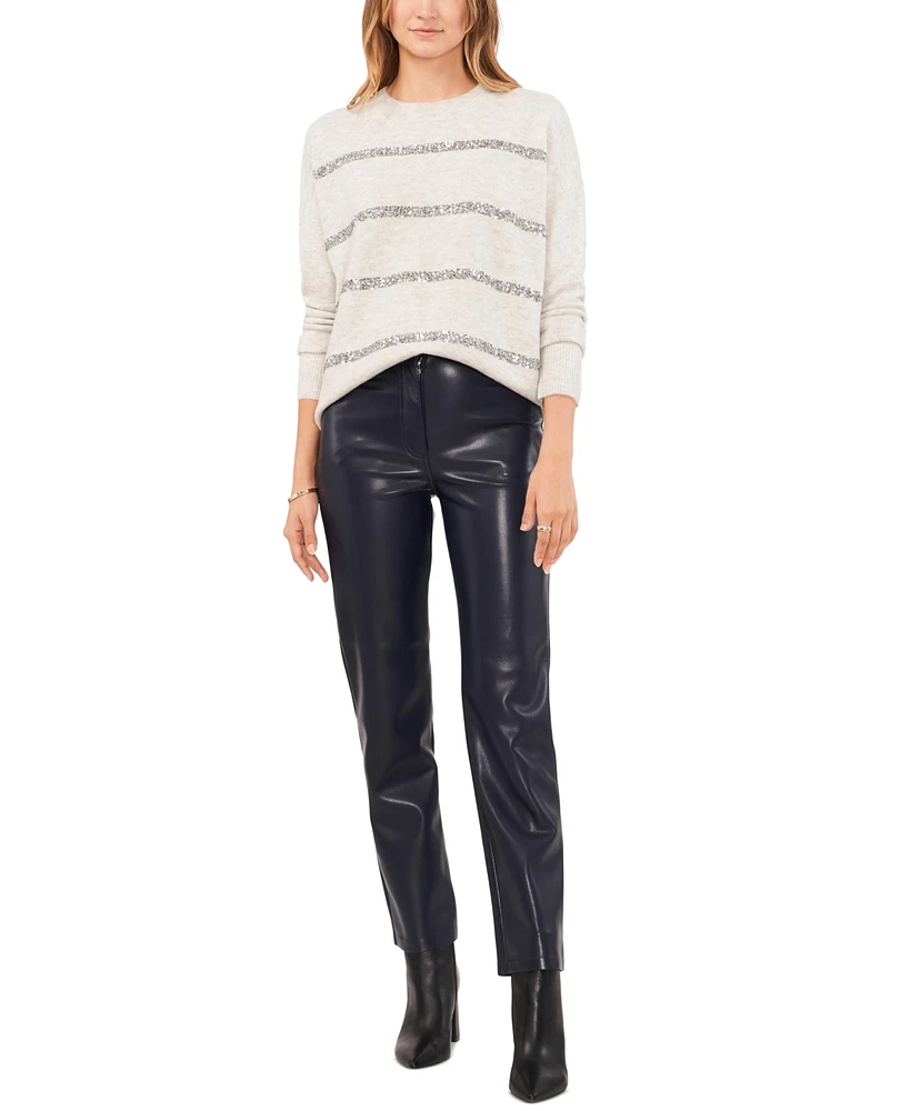 Vince Camuto Women's Crewneck Sequin Stripe Long Sleeve Sweater