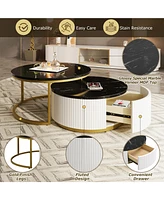 Streamdale Furniture Modern Round Nesting Coffee Table Fluted with Drawer in Black & Gold in 31.5"