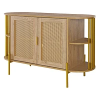 Elegant Curved Dining Cabinet with Woven Rattan Doors (Black)