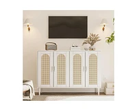 gaomon Sideboard Buffet Cabinet, 4 Rattan Doors Accent Storage Cabinet, Console Table Coffee Bar with Power Outlet, Adjustable Shelves for Dining Room