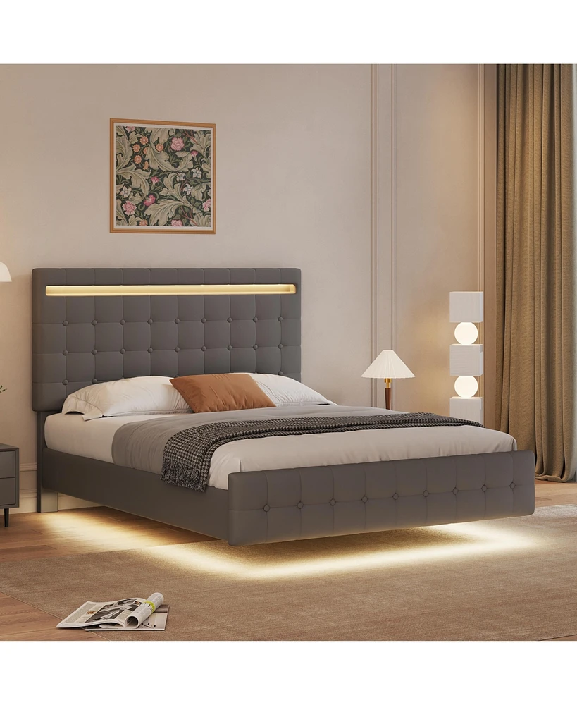 Streamdale Furniture Queen Platform Bed Frame with Led Headboard and Upholstery
