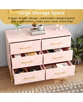 gaomon Dresser for Bedroom with 6 Drawer Double Dressers, Modern Wooden Dresser Chest, Beside Table for Closet, Nursery, Living Room, Pink_15.8 x 39.4