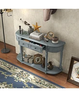 Sugift 52 Inch Retro Console Table with 2 Drawers and Open Shelf Entryway Sofa Table-Blue