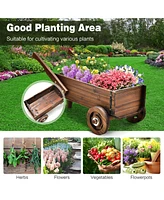 Sugift Wooden Wagon Planter Box with Wheels Handles and Drainage Hole-Rustic Brown