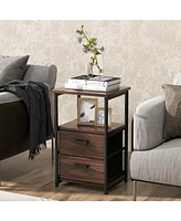 Skonyon 3-Tier Retro Nightstand with 2 Removable Fabric Drawers and Open Shelf-Walnut