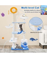 Skonyon Multi-level Ocean-themed Cat Tree Tower with Sisal Covered Scratching Posts-Blue