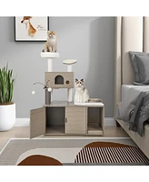 Sugift 2-in-1 Modern Cat Tower with Litter Box Enclosure for Indoor Cars-Gray
